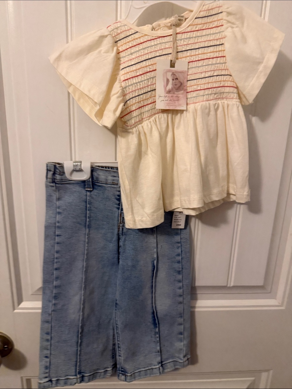 Jessica Simpson girls Cream Flutter Sleeve Top and wide leg jeans set 24 months